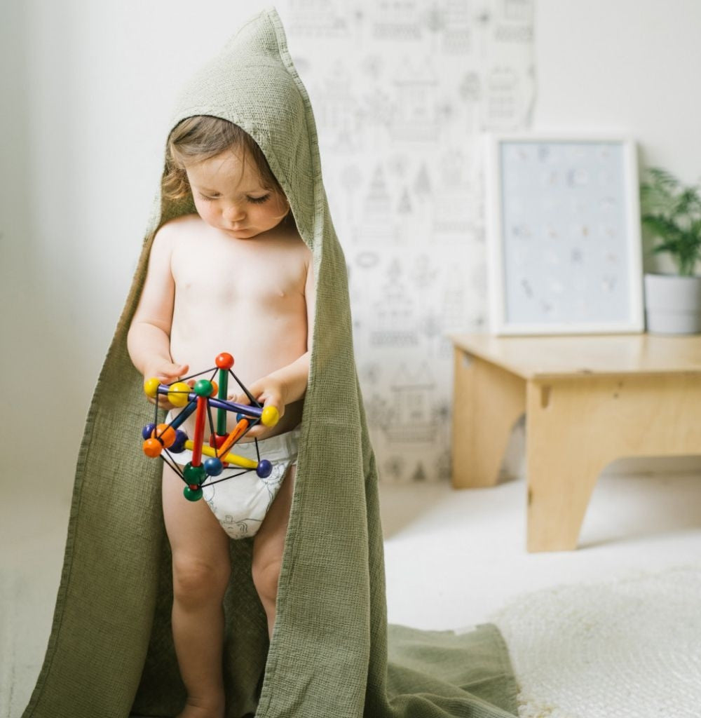 Linen Hooded Waffle Towel for Kids - Sage